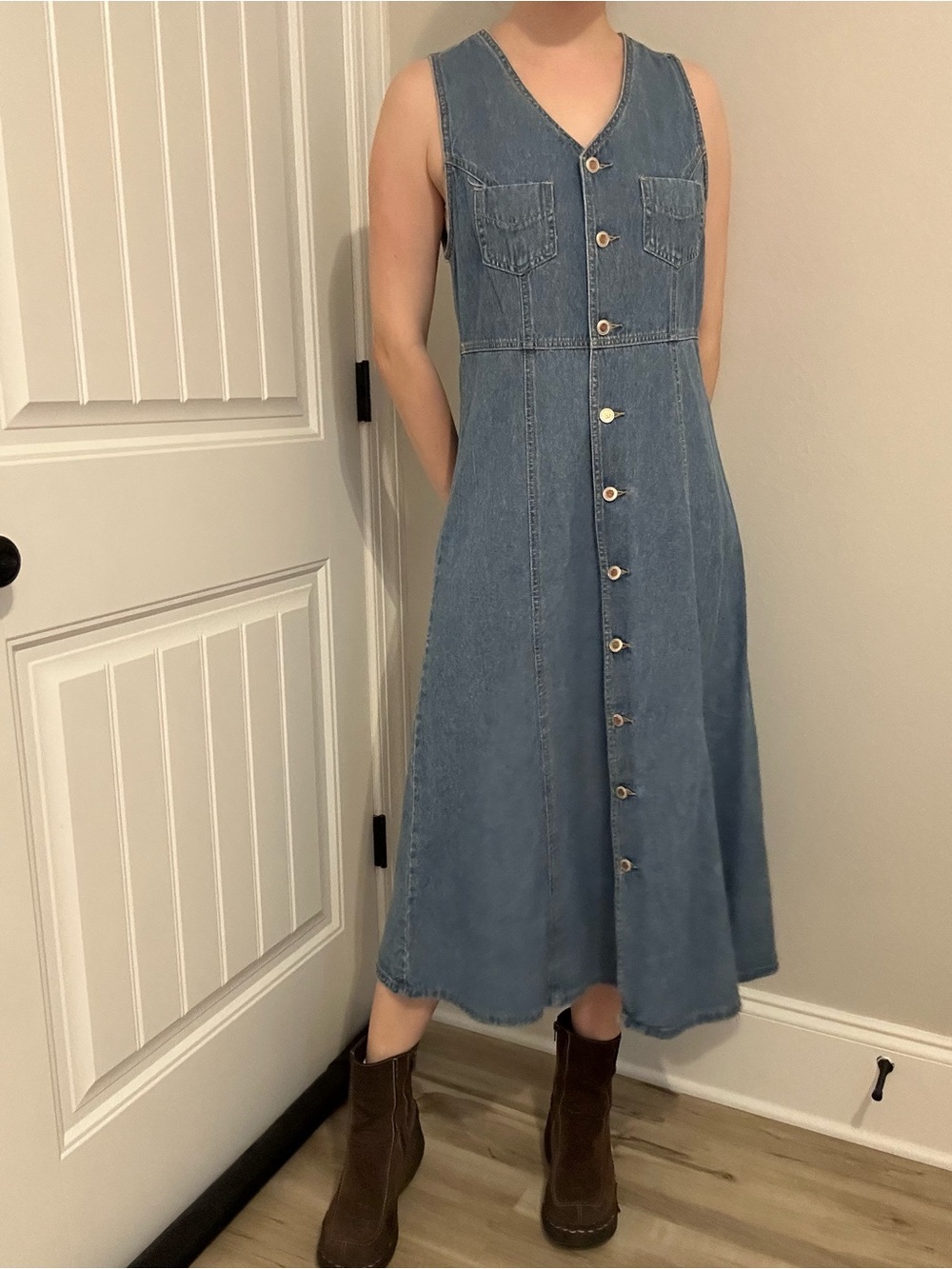 Vintage Midi Dress Denim Jean Blue Button Up 90s Modest Capsule Size Medium
